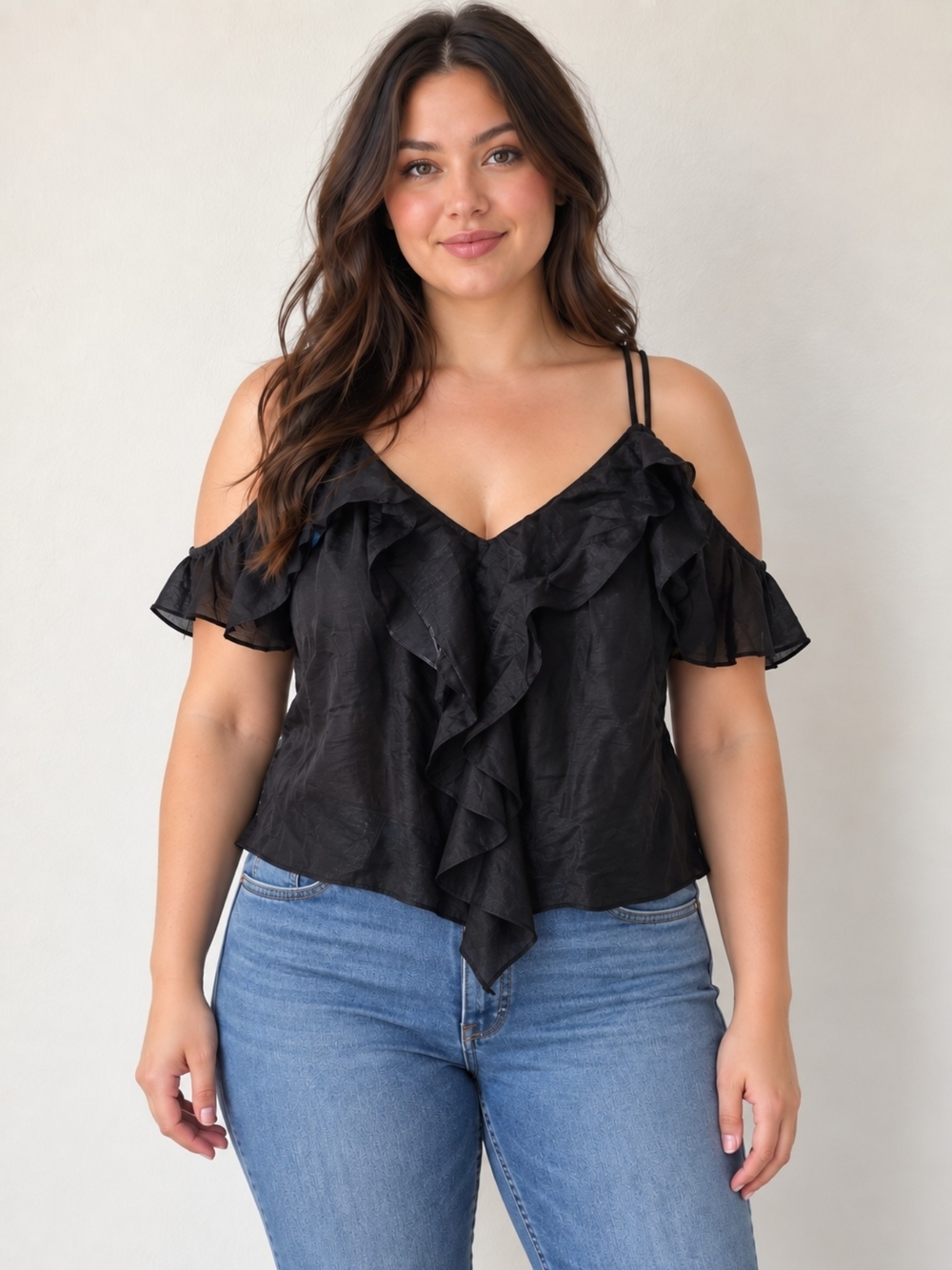 City Chic Black Ruffle Cold-Shoulder Cami